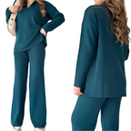 Women's Oversized Ribbed Lounge Set – Side Slit Top Elastic Waist Pants Set