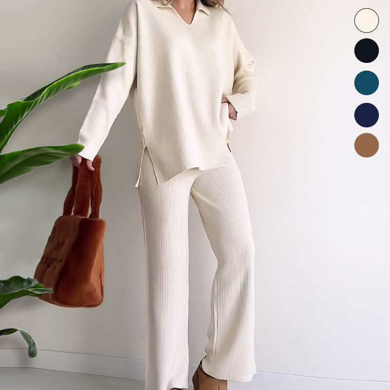 Women's Oversized Ribbed Lounge Set – Side Slit Top Elastic Waist Pants Set