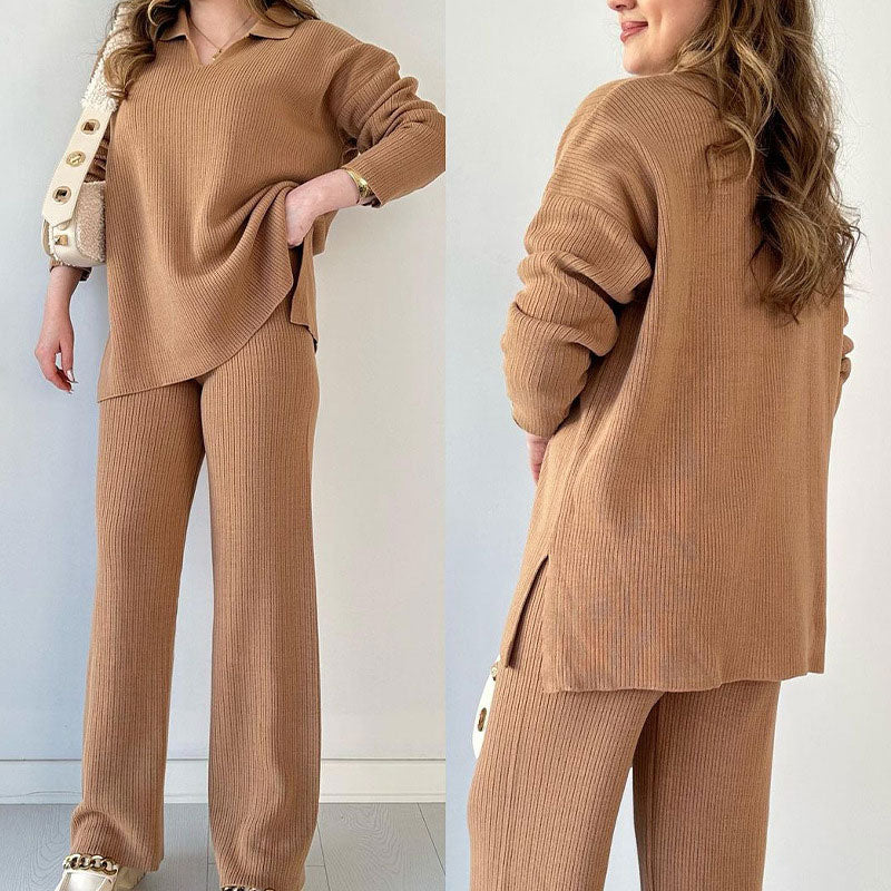 Women's Oversized Ribbed Lounge Set – Side Slit Top Elastic Waist Pants Set