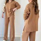 Women's Oversized Ribbed Lounge Set – Side Slit Top Elastic Waist Pants Set