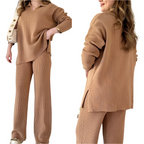 Women's Oversized Ribbed Lounge Set – Side Slit Top Elastic Waist Pants Set