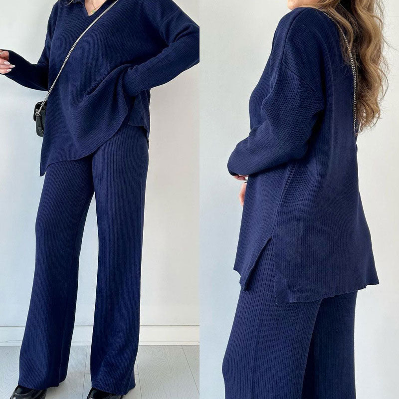 Women's Oversized Ribbed Lounge Set – Side Slit Top Elastic Waist Pants Set