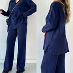 Women's Oversized Ribbed Lounge Set – Side Slit Top Elastic Waist Pants Set