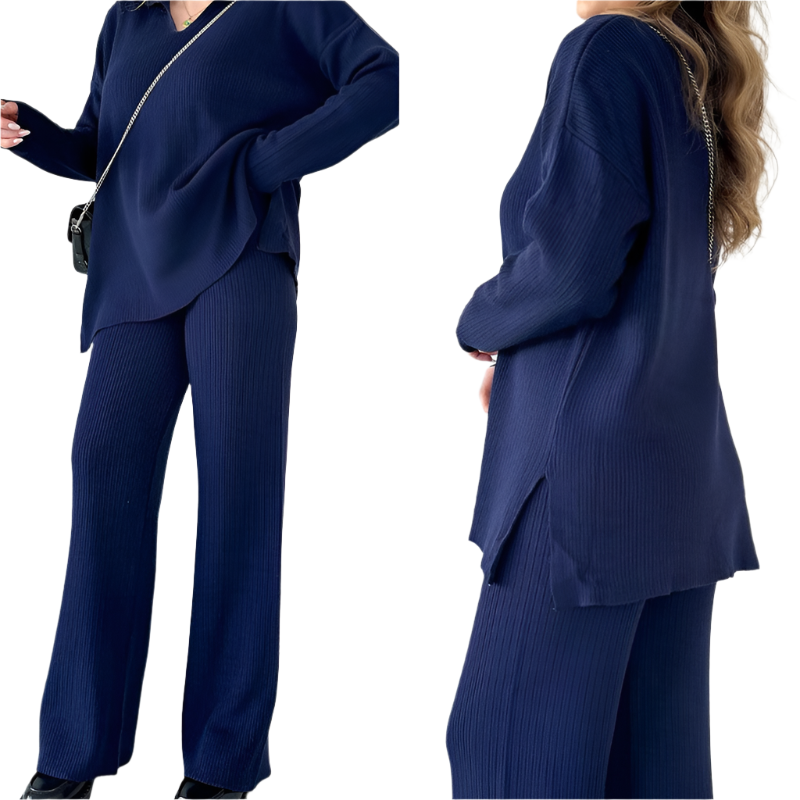 Women's Oversized Ribbed Lounge Set – Side Slit Top Elastic Waist Pants Set
