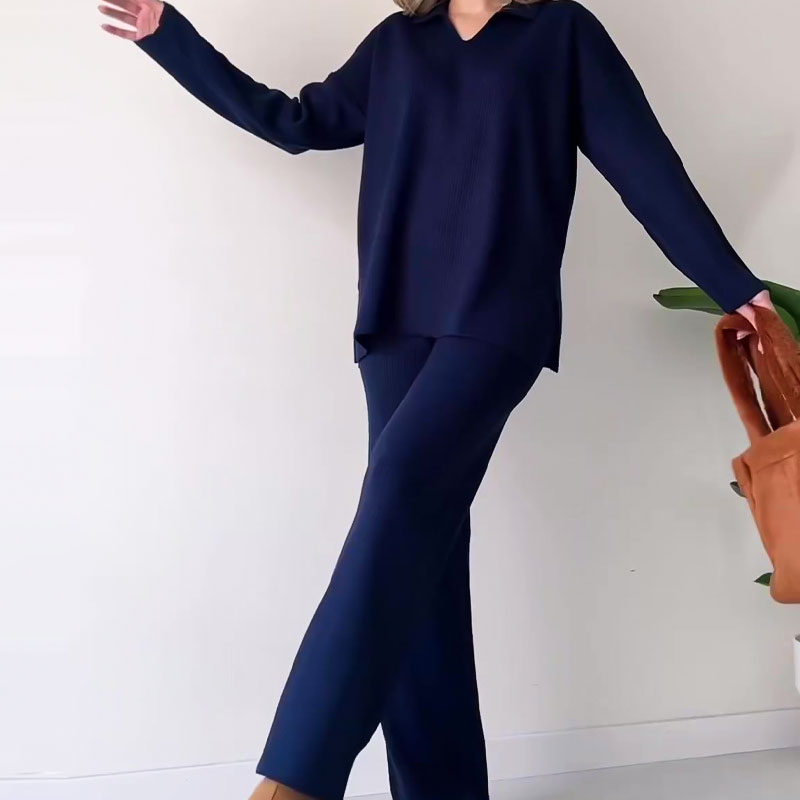 Women's Oversized Ribbed Lounge Set – Side Slit Top Elastic Waist Pants Set