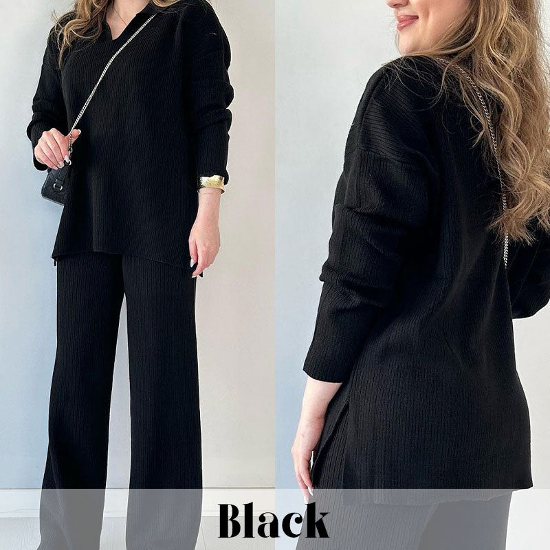 Women's Oversized Ribbed Lounge Set – Side Slit Top Elastic Waist Pants Set