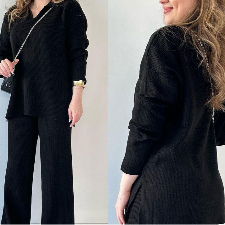 Women's Oversized Ribbed Lounge Set – Side Slit Top Elastic Waist Pants Set
