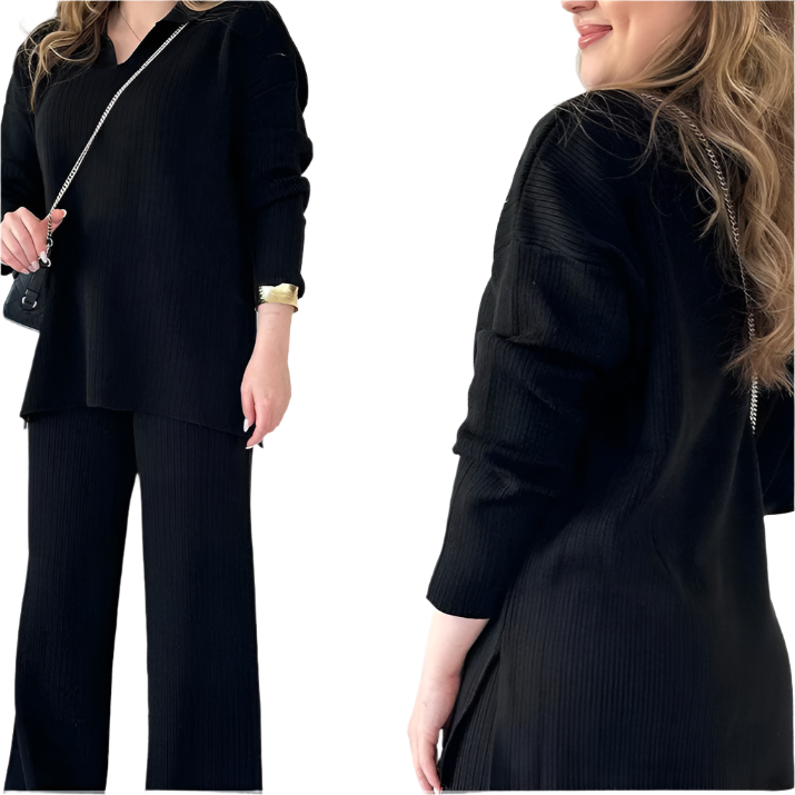Women's Oversized Ribbed Lounge Set – Side Slit Top Elastic Waist Pants Set