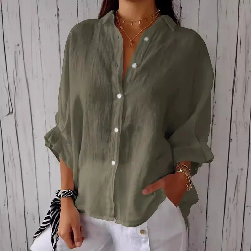 Women's Tie Neck Blouse – V-Neck Roll-Tab Sleeve Blouse