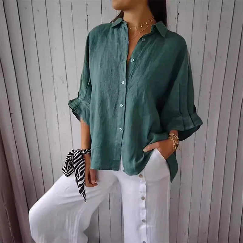 Women's Tie Neck Blouse – V-Neck Roll-Tab Sleeve Blouse