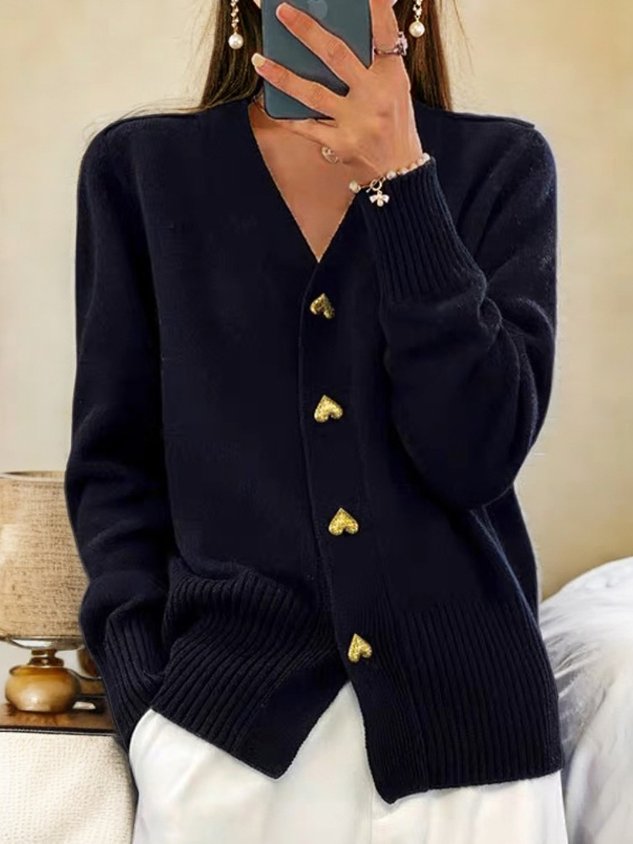 Women's V-Neck Knit Cardigan – Button Front Long Sleeve Layering Cardigan