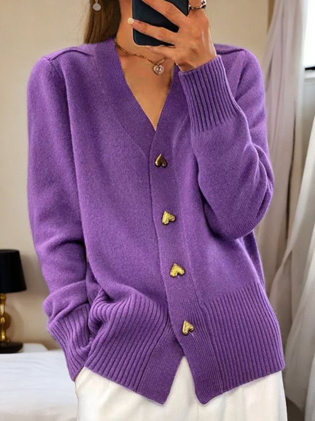 Women's V-Neck Knit Cardigan – Button Front Long Sleeve Layering Cardigan