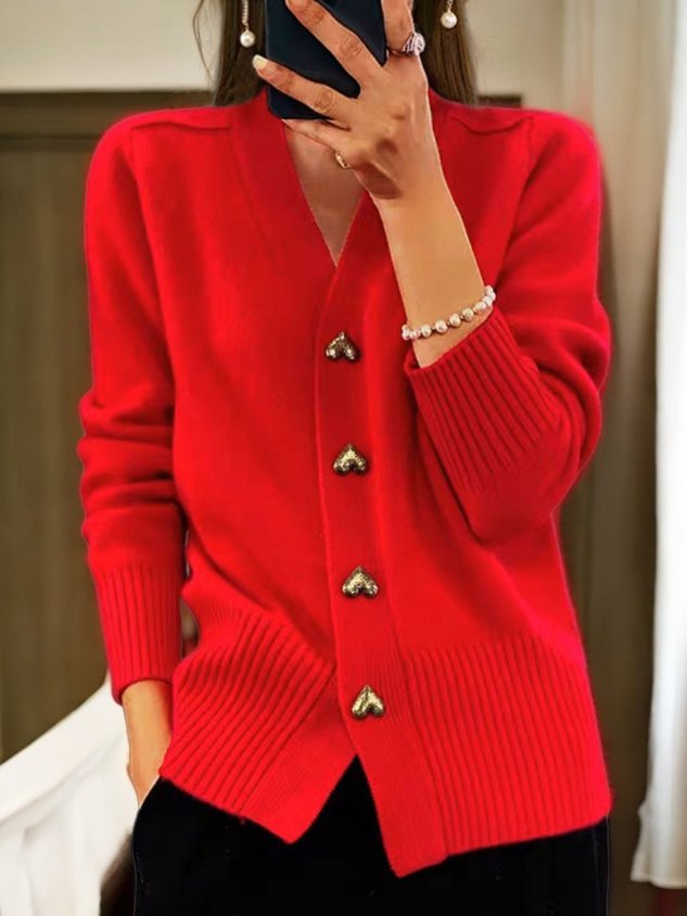 Women's V-Neck Knit Cardigan – Button Front Long Sleeve Layering Cardigan