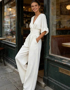 Women's V-Neck Wrap Wide Leg Jumpsuit – Cinched Waist Wedding Guest Jumpsuit