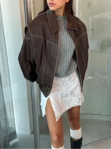 Women's Oversized Brown Bomber – Vintage Leather Look Zip Jacket