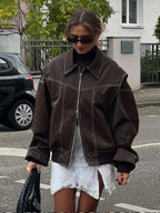 Women's Oversized Brown Bomber – Vintage Leather Look Zip Jacket