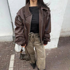 Women's Oversized Brown Bomber – Vintage Leather Look Zip Jacket