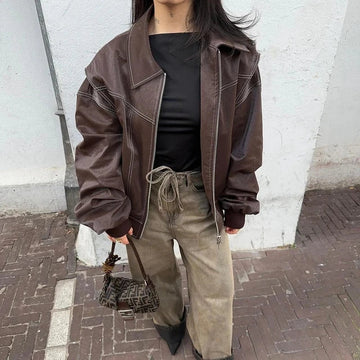 Women's Oversized Brown Bomber – Vintage Leather Look Zip Jacket