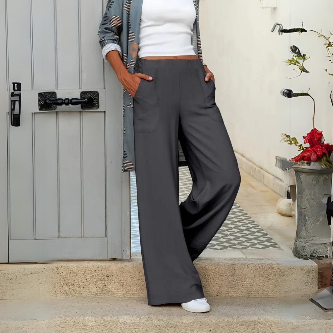 Women's Elastic Waist Wide Leg Pants – Relaxed Pocket Casual Trousers