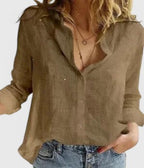 Women's Button Blouse with V Neckline and Roll-Up Sleeves
