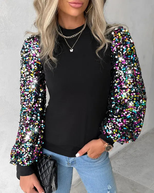 Women's Sequin Lantern Sleeve Blouse – Contrast Detail Long Sleeve Blouse