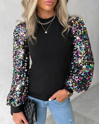 Women's Sequin Lantern Sleeve Blouse – Contrast Detail Long Sleeve Blouse