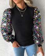 Women's Sequin Lantern Sleeve Blouse – Contrast Detail Long Sleeve Blouse
