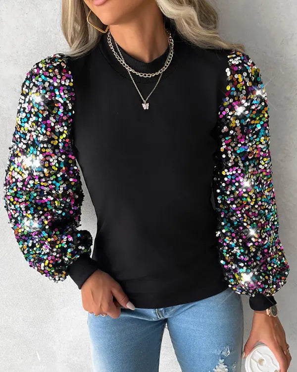 Women's Sequin Lantern Sleeve Blouse – Contrast Detail Long Sleeve Blouse