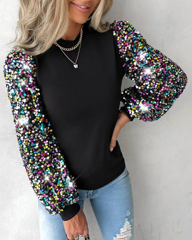 Women's Sequin Lantern Sleeve Blouse – Contrast Detail Long Sleeve Blouse