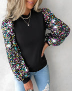 Women's Sequin Lantern Sleeve Blouse – Contrast Detail Long Sleeve Blouse