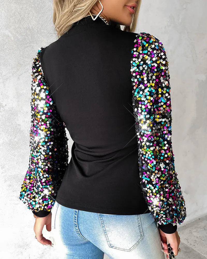Women's Sequin Lantern Sleeve Blouse – Contrast Detail Long Sleeve Blouse