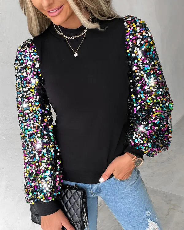 Women's Sequin Lantern Sleeve Blouse – Contrast Detail Long Sleeve Blouse