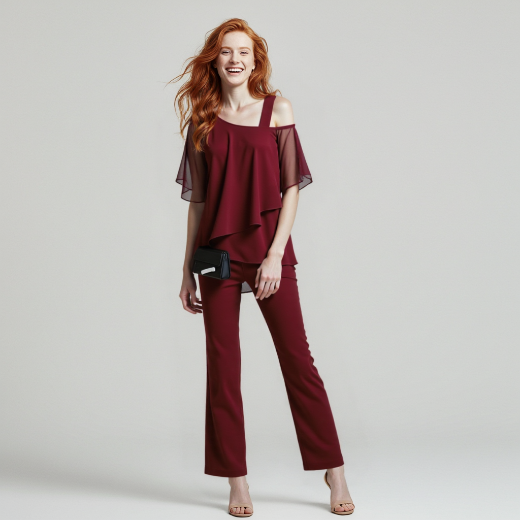 Women's Cold Shoulder Pants Set – Tailored Top & Wide Leg Two-Piece Set
