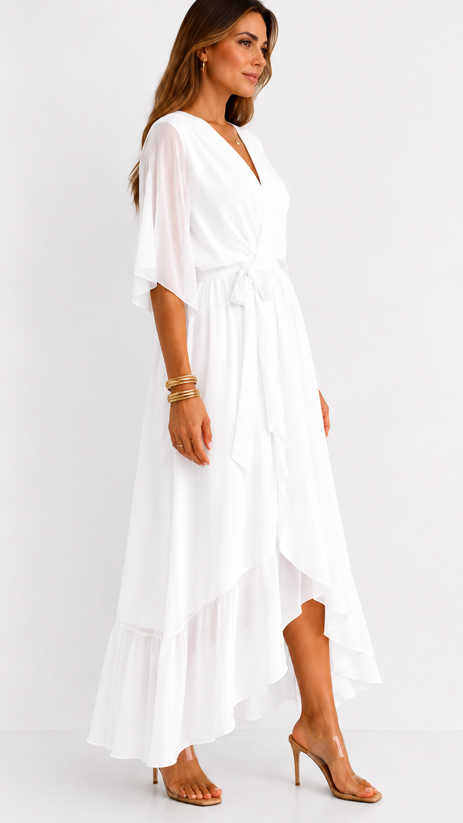 Women's V-Neck Wrap Dress – Tie Waist Flowy Occasion Dress