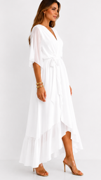 Women's V-Neck Wrap Dress – Tie Waist Flowy Occasion Dress