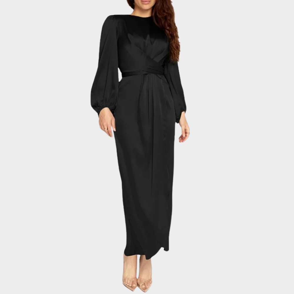 Women's Tailored Maxi Dress – Long Sleeve Fitted Waist Evening Dress