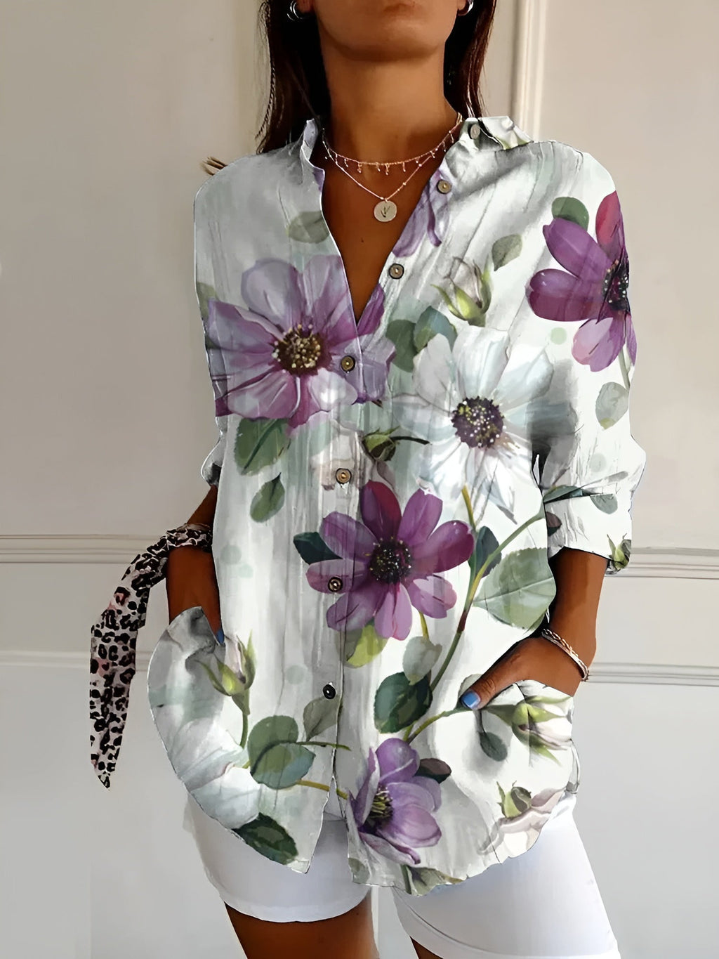 Women's Floral Blouse with Button Front and Relaxed Fit