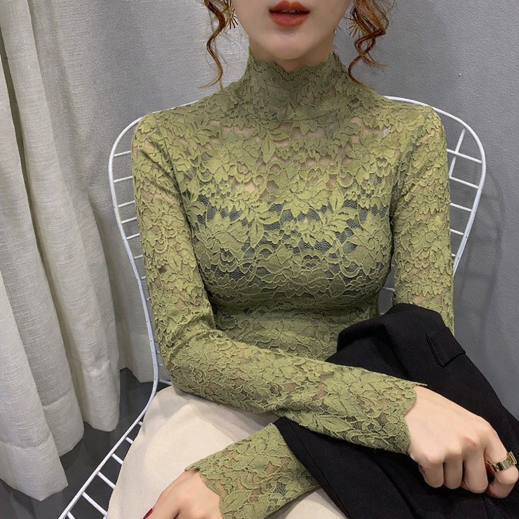 Women's High Neck Lace Blouse – Long Sleeve Fitted Evening Blouse