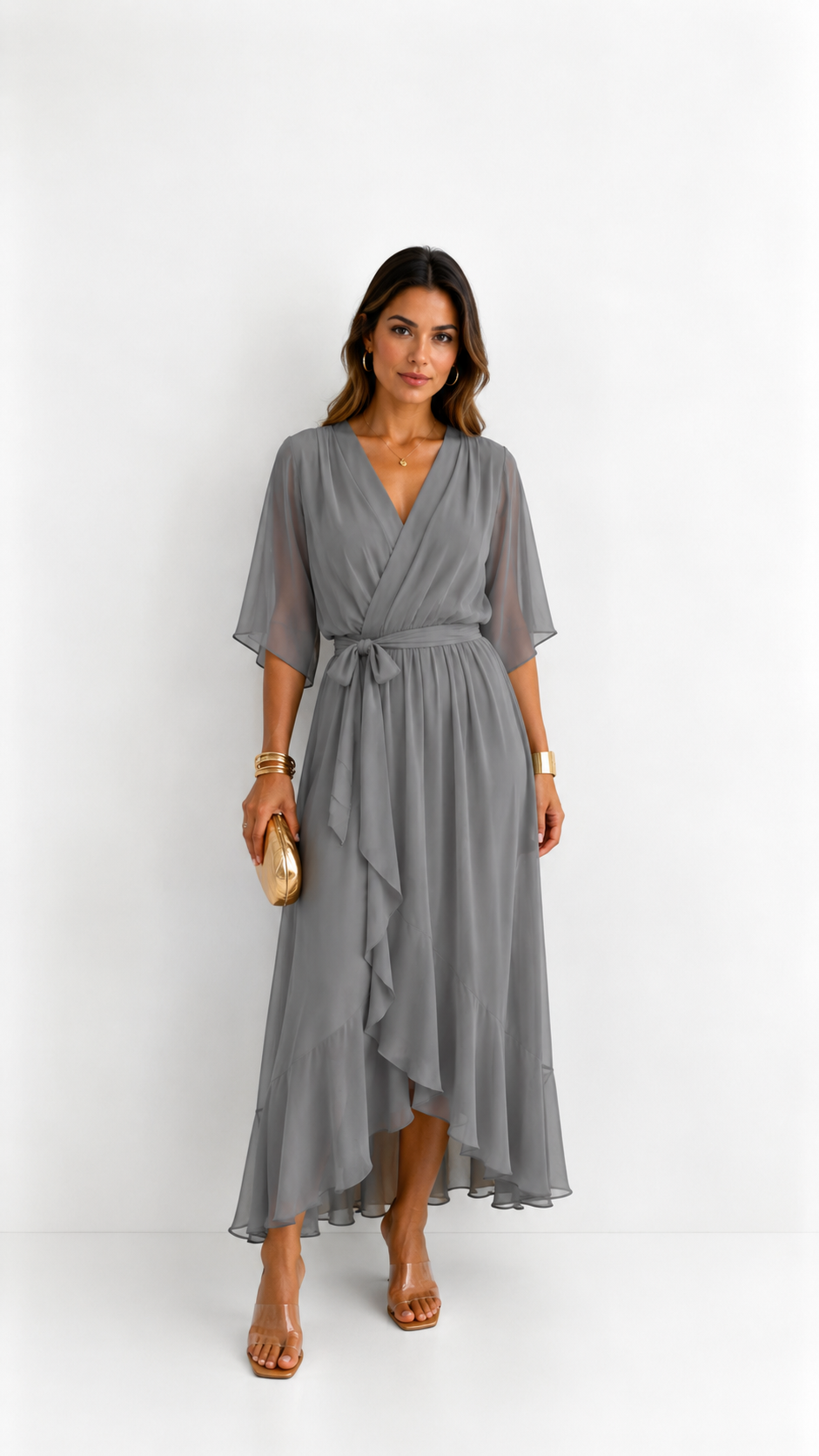 Women's V-Neck Wrap Dress – Tie Waist Flowy Occasion Dress
