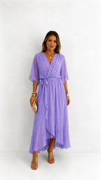 Women's V-Neck Wrap Dress – Tie Waist Flowy Occasion Dress