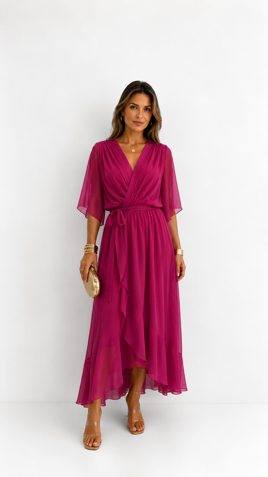 Women's V-Neck Wrap Dress – Tie Waist Flowy Occasion Dress