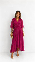 Women's V-Neck Wrap Dress – Tie Waist Flowy Occasion Dress