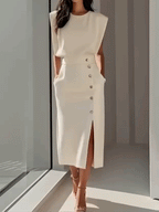 Women's Sleeveless Fitted Midi Dress – Decorative Button Occasion Dress