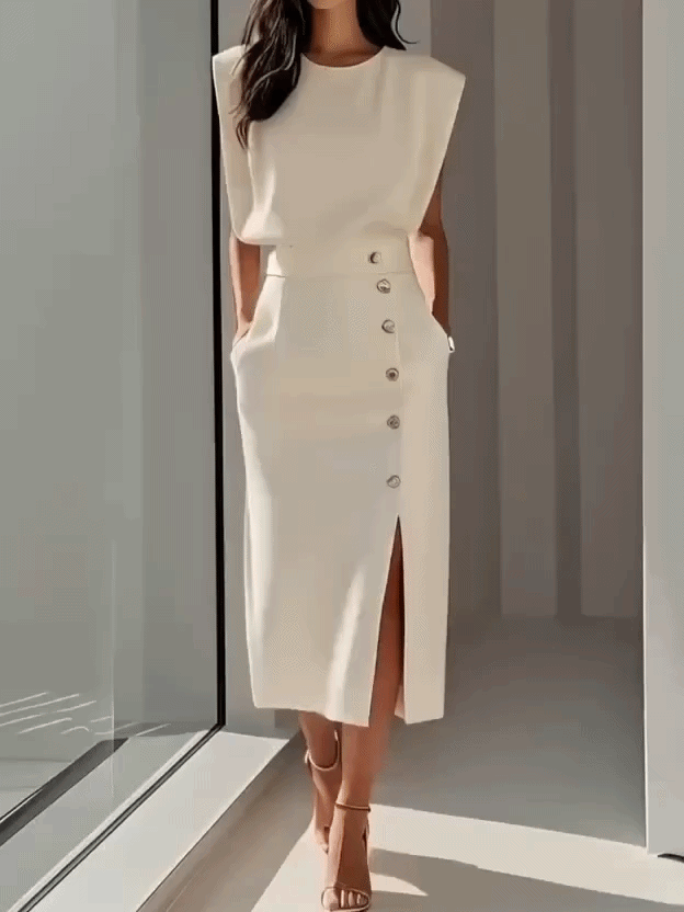 Women's Sleeveless Fitted Midi Dress – Decorative Button Occasion Dress