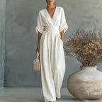 Women's V-Neck Wide Leg Jumpsuit – High Waist Pocket Formal Jumpsuit