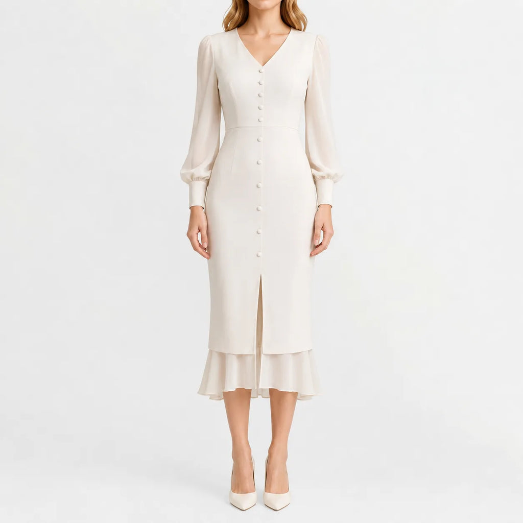 Women's Black V-Neck Dress – Long Sleeve Ruffle Hem Dress