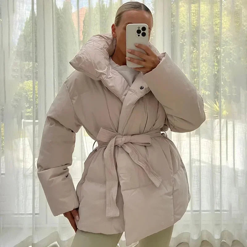 Women's Longline Belted Puffer – Quilted Hooded Winter Coat