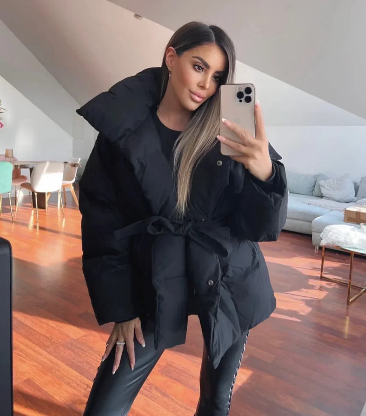 Women's Longline Belted Puffer – Quilted Hooded Winter Coat
