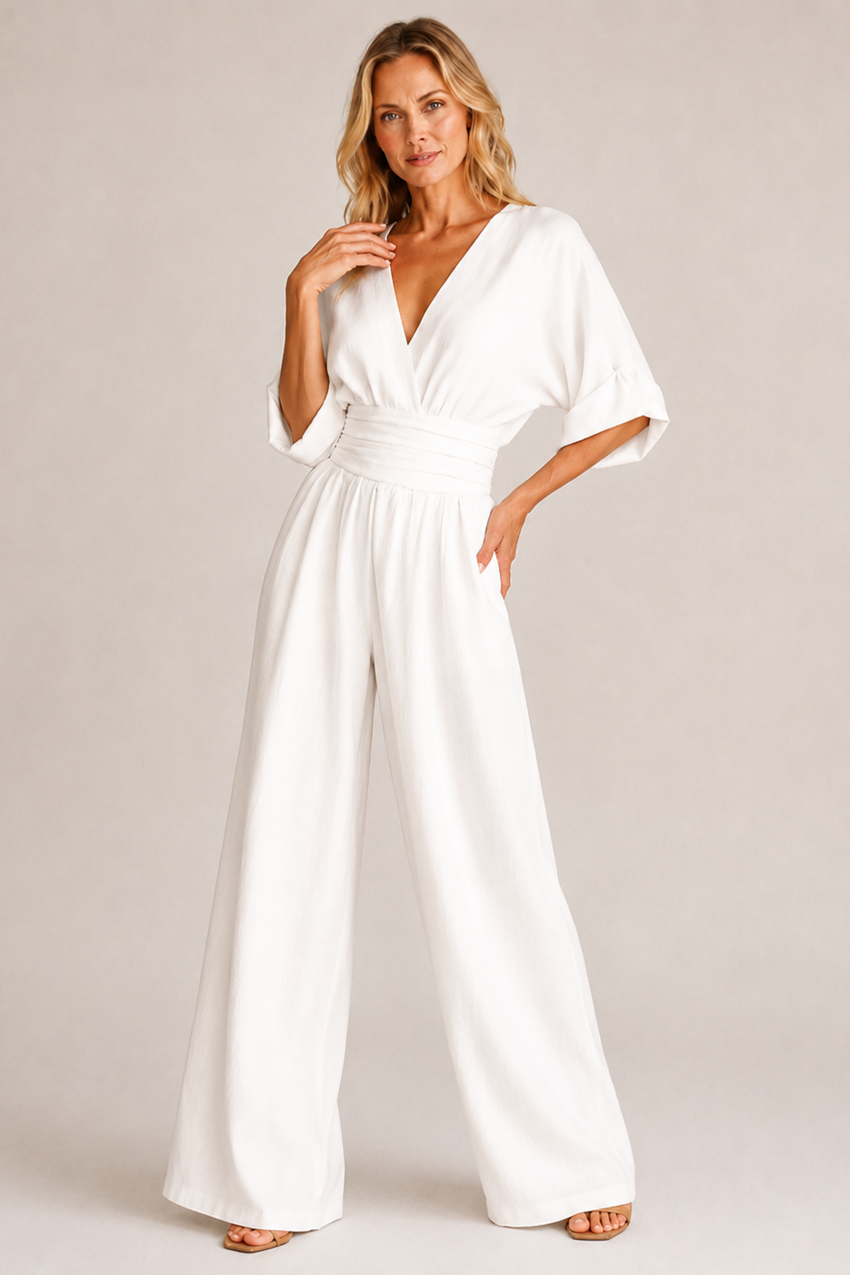 Women's Wide Leg Jumpsuit – Three-Quarter Sleeve Jumpsuit