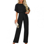 Women's Round Neck Wide Leg Jumpsuit – Relaxed Full Length Occasion Jumpsuit